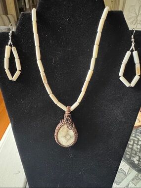 Handmade Snow Agate Pendant with Mother of Pearl Beads and Matching Earrings